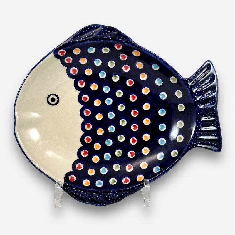 波蘭手繪手工陶-魚型盤 25cm 文青彩心系列 設計師款 - 盤子/餐盤/盤架 - 陶 藍色
