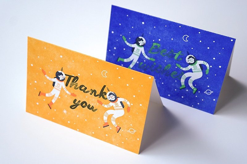 Printing system, astronauts creative folding card, thanks card + blessing card suit. "Thank you" & "Best wishes" illustrator Mary Zabaikina - Cards & Postcards - Paper 