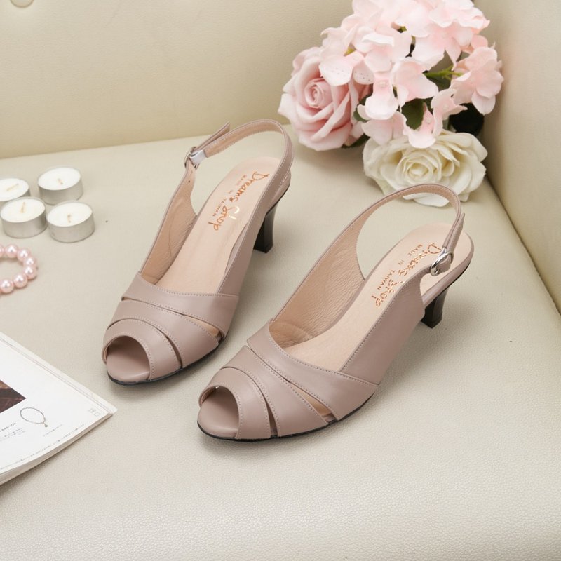 Wide last_Yukou hollow back air-heeled sandals taro powder - รองเท้ารัดส้น - หนังแท้ สึชมพู