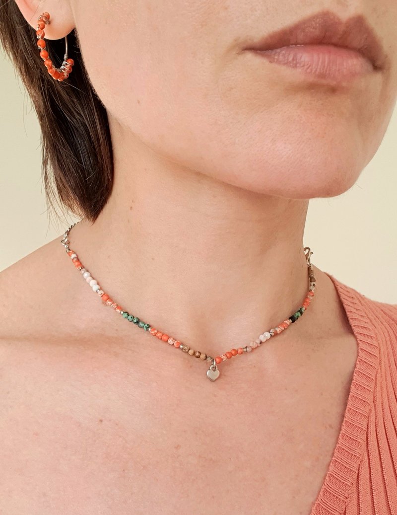 Jasper and variscite choker, 925 Silver, Virgo gem, Gemini stone, heart pendant - 項鍊 - 寶石 多色