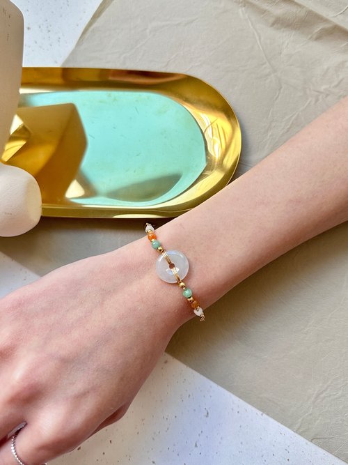 翡翠設計館 / 賞翠•玩翠 EXE Jewelry 冰白翡平安扣14K包金手鍊 |天然緬甸翡翠