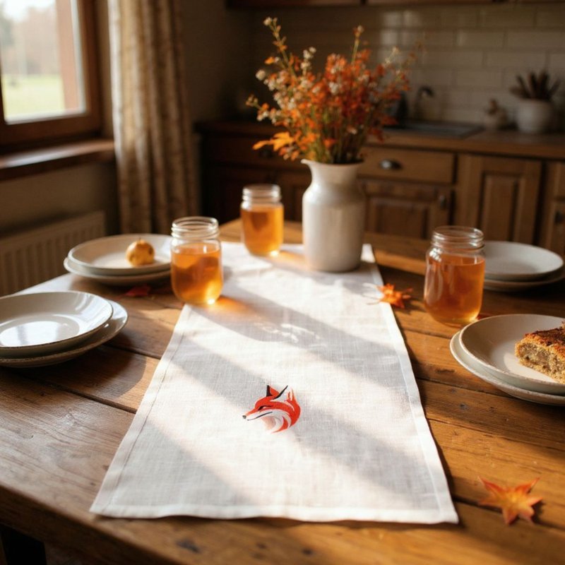 Fox embroidered linen table runner, dresser centerpiece scarf custom handmade - 桌布/桌巾/餐墊 - 亞麻 白色
