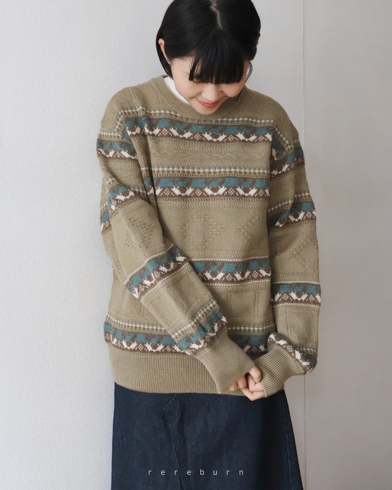 Winter retro neutral Japanese-made geometric knitted loose thin wool green vintage sweater - สเวตเตอร์ผู้หญิง - ขนแกะ สีเขียว