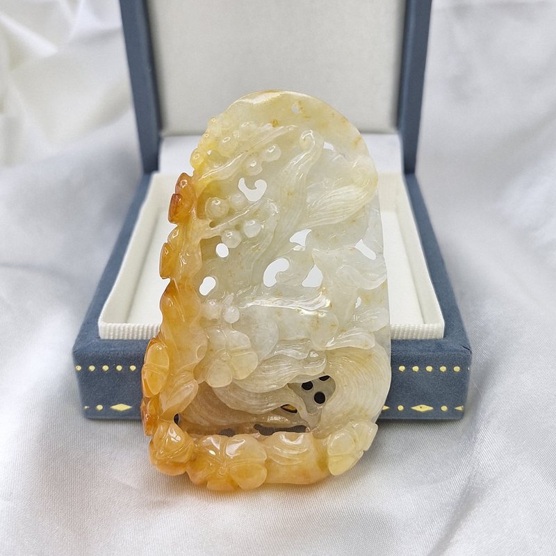 緬料 冰黃鏤空九尾狐 擺件 掛件 | 天然緬甸玉A貨翡翠 - 擺飾/家飾品 - 玉石 