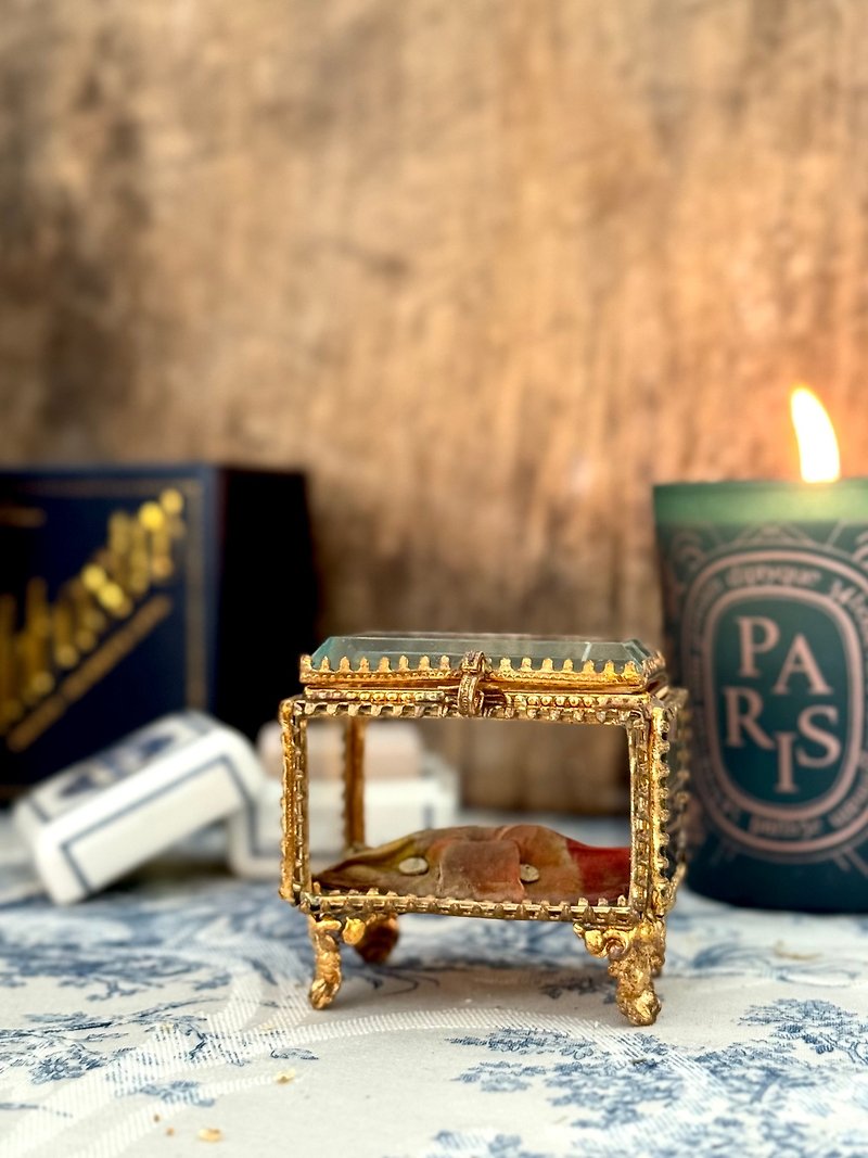 French 19th century antique jewelry box/brass gold plated frame - กล่องเก็บของ - แก้ว 