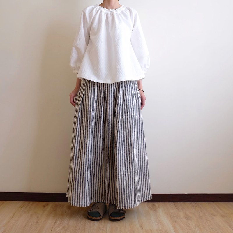Daily hand-made clothes, beige, striped, wide pleated skirt, double-layer thick cotton - กระโปรง - ผ้าฝ้าย/ผ้าลินิน หลากหลายสี