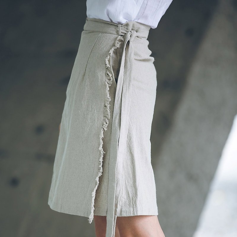 Pulling rope skirt - Apricot - กระโปรง - ผ้าฝ้าย/ผ้าลินิน สีกากี