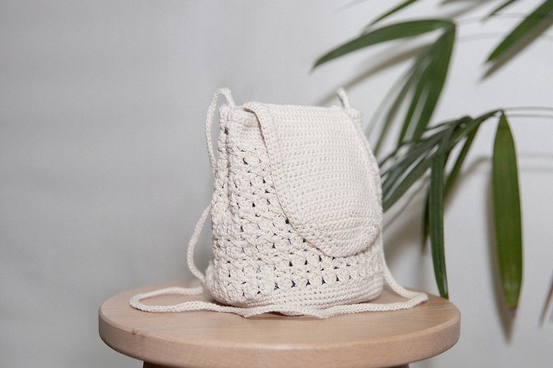 Crochet shoulder bag / off-white / Flap:S / SDODIO studio - กระเป๋าแมสเซนเจอร์ - ผ้าฝ้าย/ผ้าลินิน ขาว