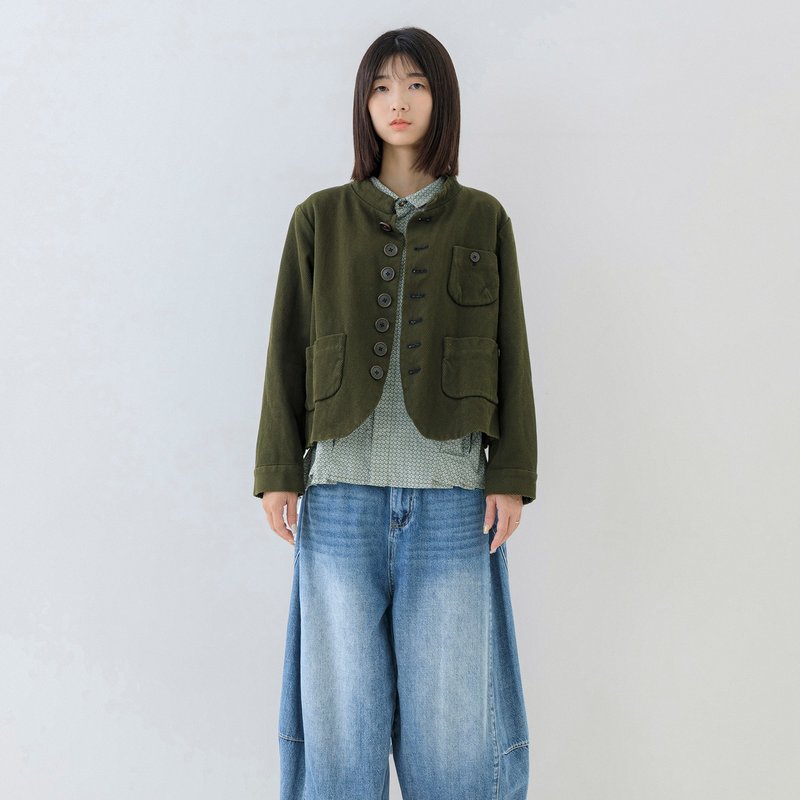 圓釦三口袋短版外套 - 女大衣/外套 - 棉．麻 綠色