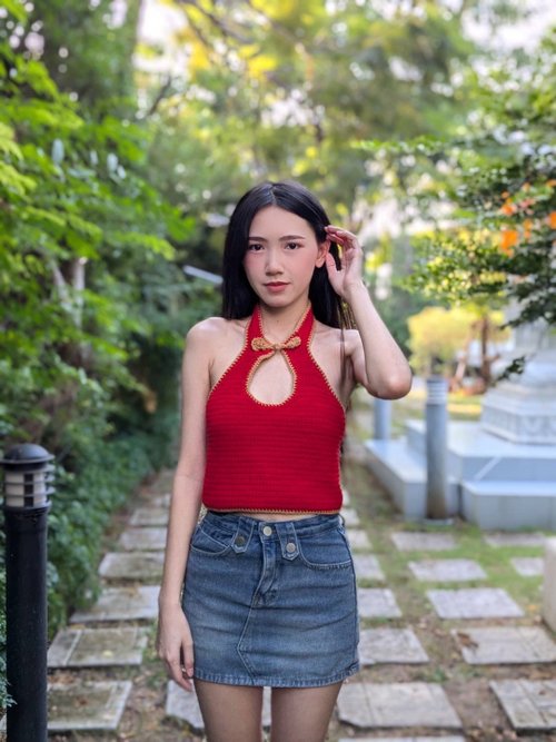 SquaresPatches 女士客製鉤針旗袍露臍短上衣 - 農曆新年款