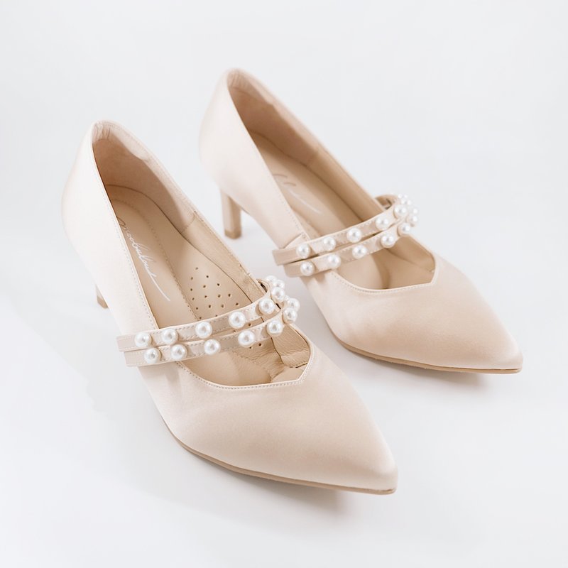 Silk - Hepburn small pearl heels - champagne apricot. MIT - รองเท้าส้นสูง - หนังแท้ สีทอง