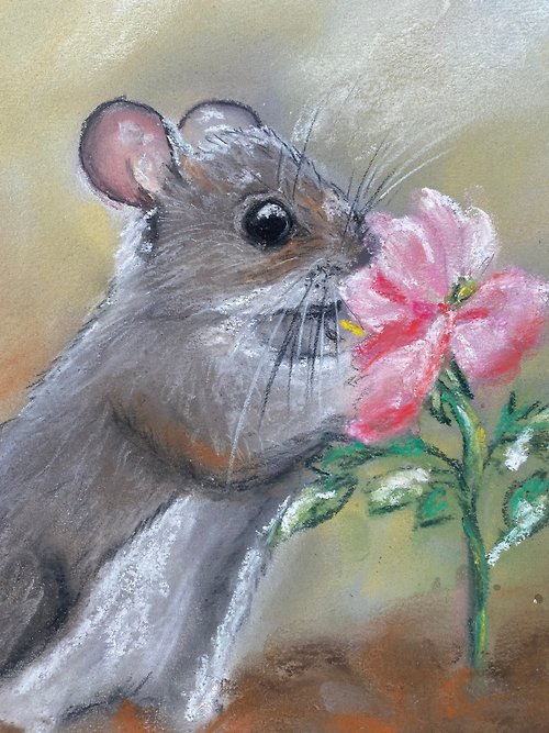 ArtNastPos Mouse Original Pastels Painting Animal Artwork Flowers Wall Art Floral Art