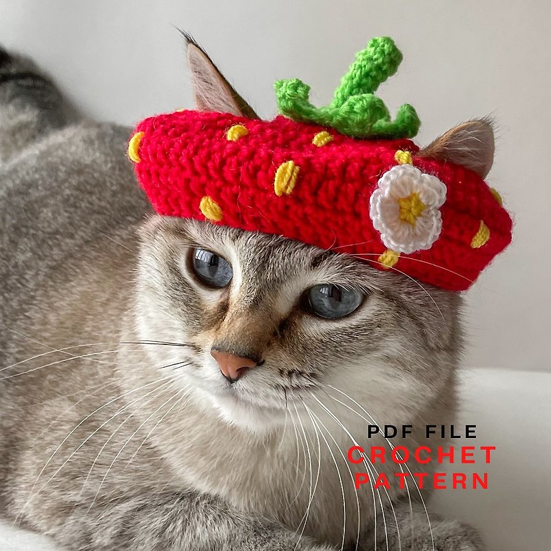 Strawberry hat for cat and small dog, crochet cat hat, crochet easy pattern - Clothing & Accessories - Other Materials 
