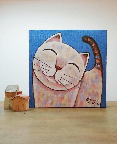 iamfineart Original cat painting on canvas 15x15cm.white smile cat.