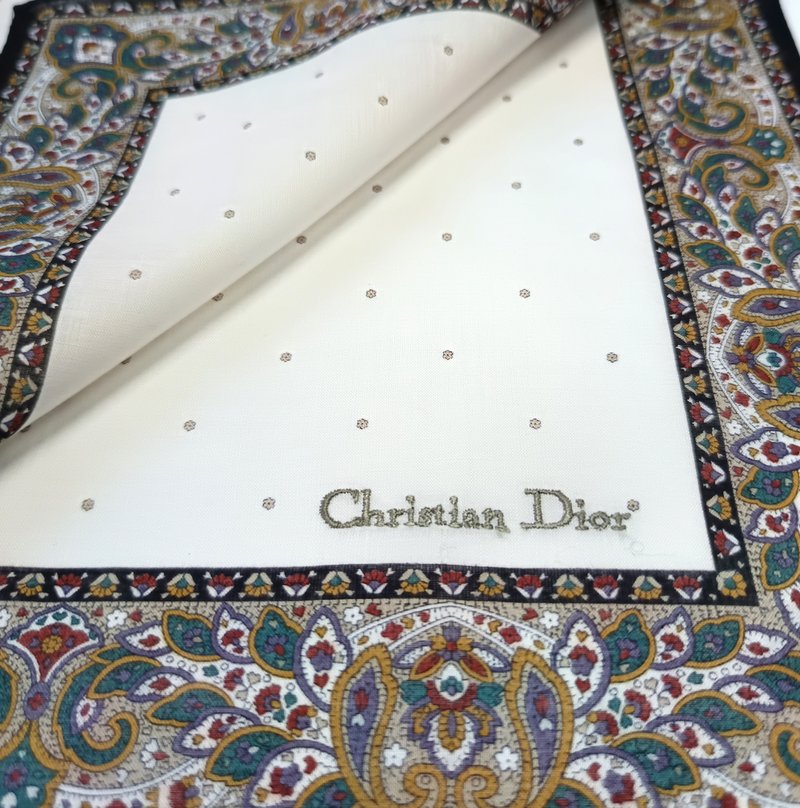 Christian Dior Vintage Handkerchief Pocket Paisley Beige 19 x 19 inches. - 手帕 - 棉．麻 咖啡色