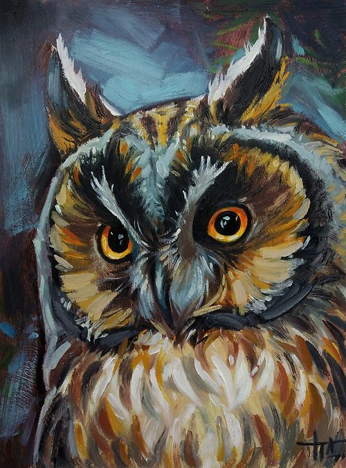 Diven.art Original Oil Painting Eagle Owl Big Bird 8x6 Inch Impressionism