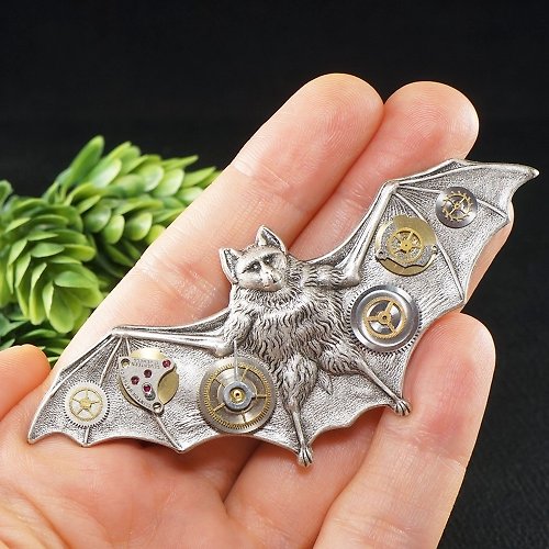 AGATIX Steampunk Bat Brooch Silver Bat Wings Watch Parts Gears Large Brooch Pin Jewelry