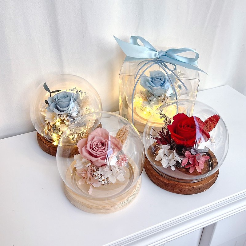 母親節禮盒【獨家USB款】 可客製文字 LED永生玫瑰圓球玻璃鐘罩 - 乾花/永生花 - 植物．花 粉紅色