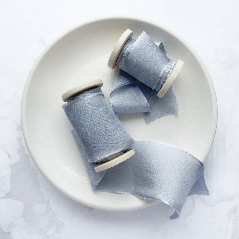 Shadow Blue Silk Ribbon / Hand Dyed Silk ribbon on Wood Spool - 包裝材料/包裝紙 - 絲．絹 藍色