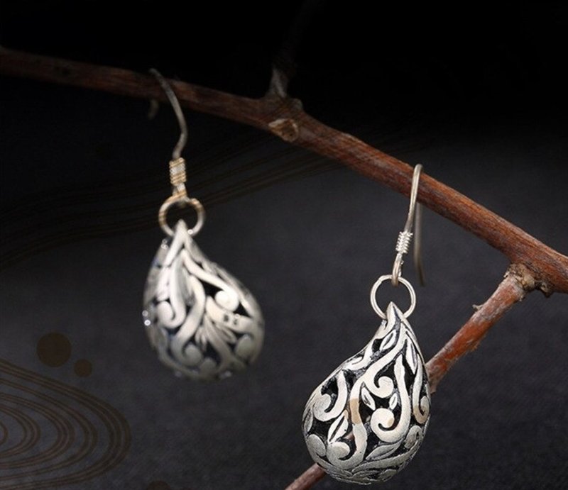 Real S 999 Fine Silver Jewelry for Women Ethnic Waterdrop Dangle Earrings - 耳環/耳夾/耳骨夾 - 純銀 銀色