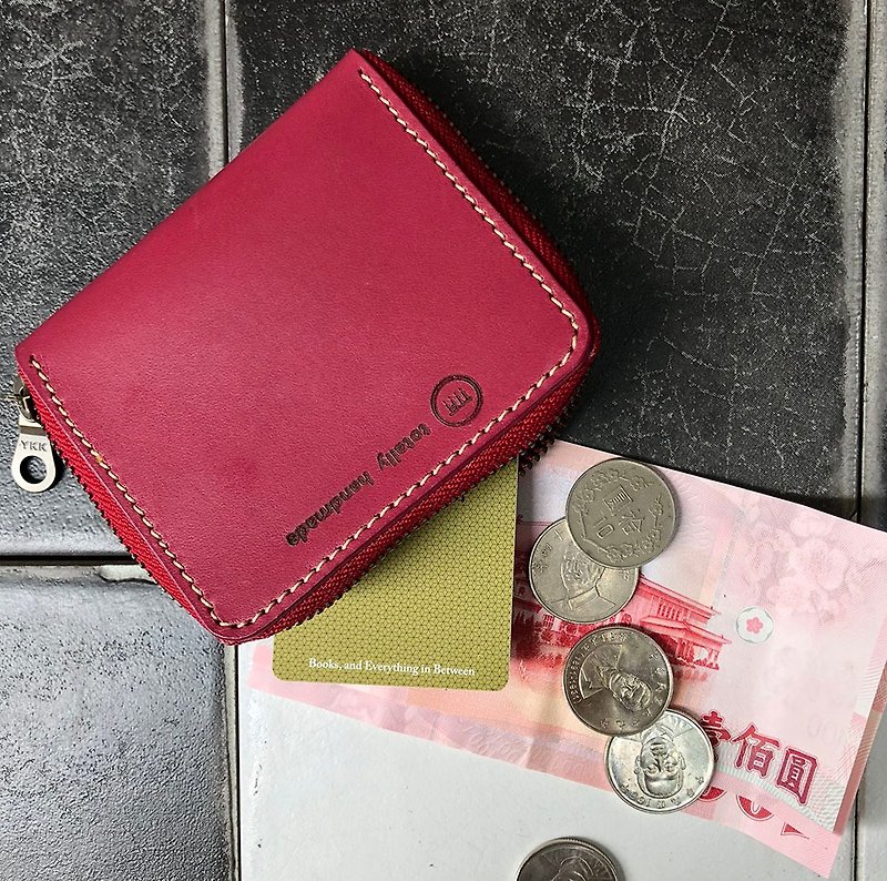 Zipper Wallet Card Case Leather Purse Coin Purse Color Rose Fuchsia - กระเป๋าใส่เหรียญ - หนังแท้ สีแดง