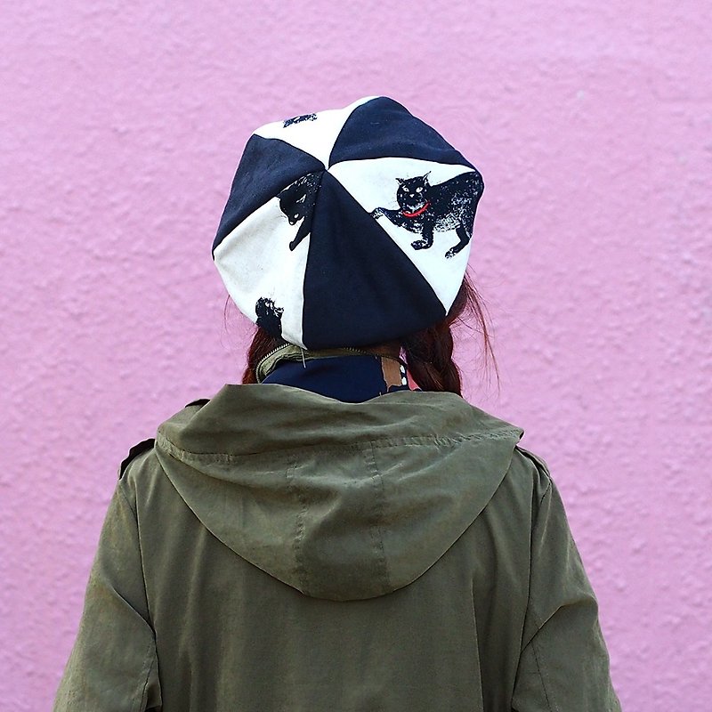 手工 貝蕾帽  雙面貝雷帽 男女 畫家帽 客製化 中性 百搭 黑白 貓咪 麂皮拼接【貓先生】【B-36】 - 帽子 - 棉．麻 黑色