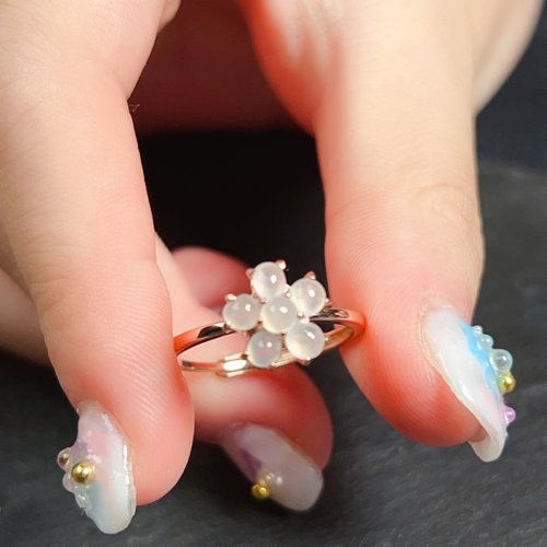 瓔珞翡翠 冰種翡翠蛋面花花設計款戒指 925純銀 | 天然緬甸玉A貨翡翠 |送禮