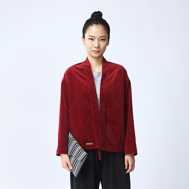 BUFU red corduroy jacket with handmade embroidery O160710 - Women's Tops - Cotton & Hemp Red