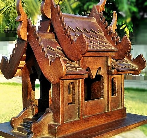 chiangmaicraft Teak woodcraft Thai spirit house, ghost house, 22x33cm, handmade wood doll house