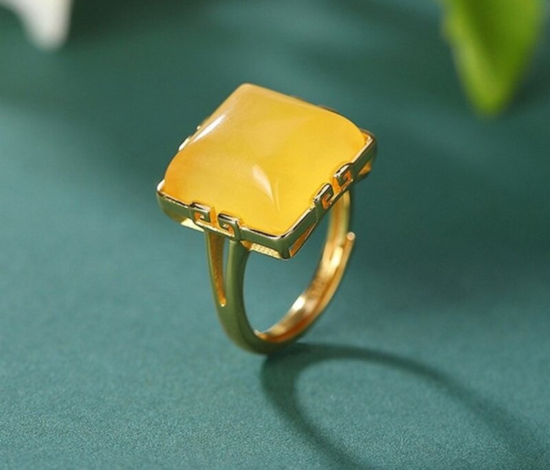 Luxury Big Size Blank Gemstones Rings for Women Natural Nephrite Jade Square - แหวนทั่วไป - เงินแท้ สีทอง