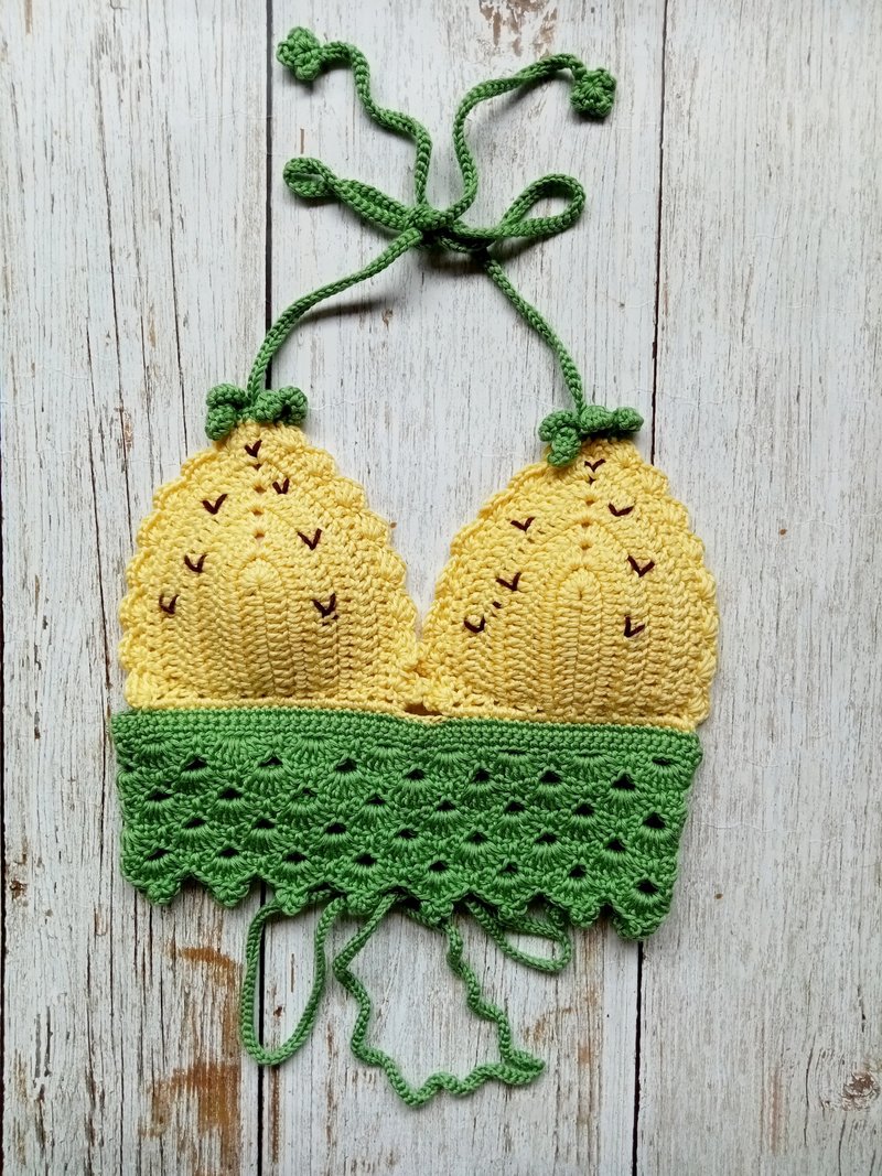 Crochet Sexy Bikini Pineapple Bikini Tops Tie Neck |Tie Back Handmade - Women's Tops - Acrylic Yellow