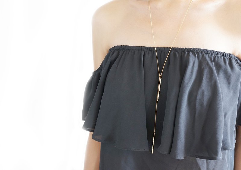 Adjustable Long Gold Bar Necklace,Crystal Glass/Black CZ - ネックレス - ガラス ゴールド