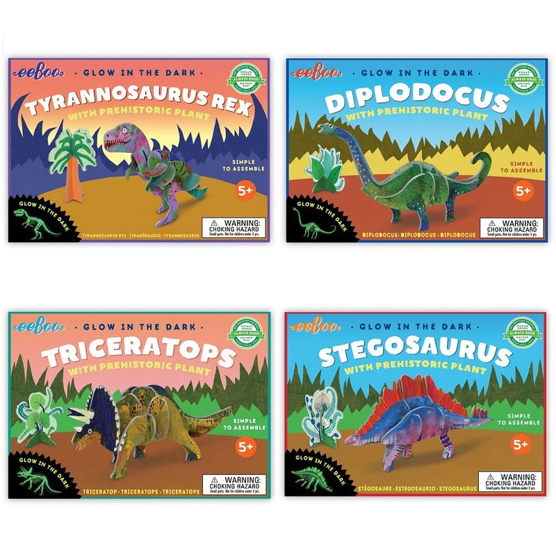 eeBoo 3D立體微夜光恐龍- 3D Dinosaurs Set 四款一組組合 - 拼圖 - 紙 多色