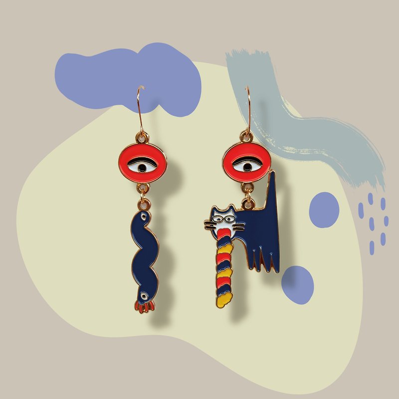 Rainbow cat-enamel earrings Clip-On - ต่างหู - วัตถุเคลือบ สีน้ำเงิน