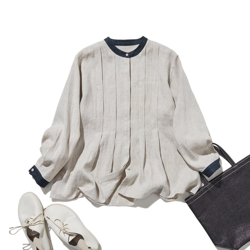 シンプルだけど、どこか特別 プリーツ加工シャツブラウス リネン100%シャツ　250915-1 - 女上衣/長袖上衣 - 棉．麻 卡其色