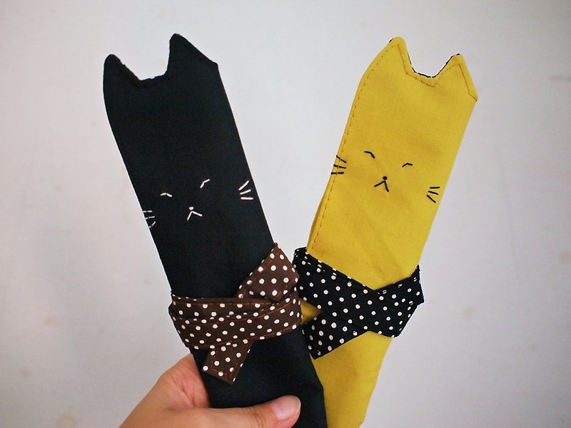 Hairmo Proud Cat Environmental Chopsticks Set/Tableware Bag/Pen Case-Yellow (banding stripes or dots) - ตะเกียบ - ผ้าฝ้าย/ผ้าลินิน สีเหลือง