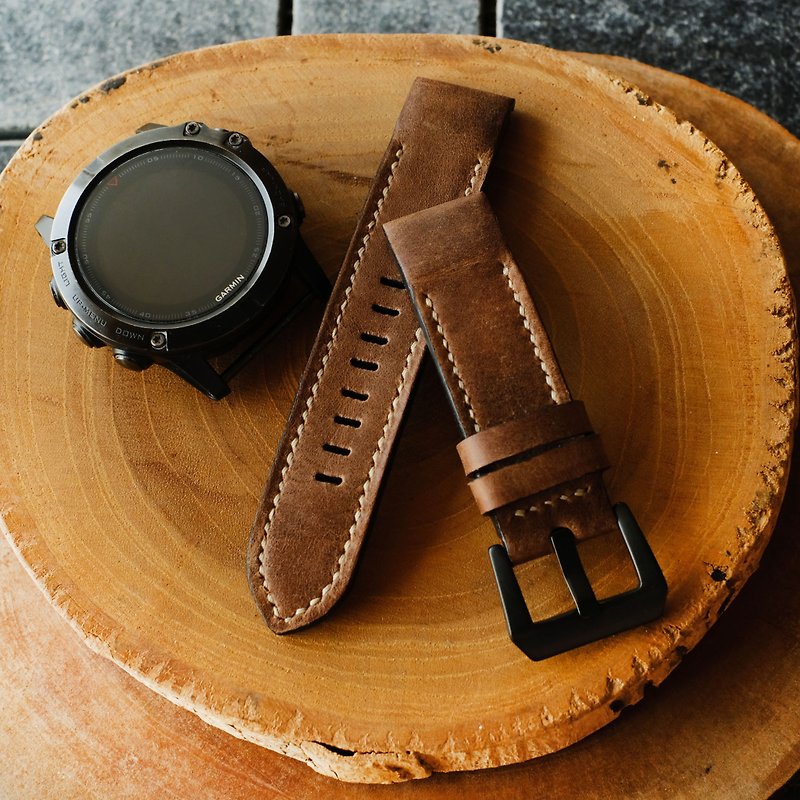 Crazy Horse White Stitching Cowhide Leather Garmin Watch Band - สายนาฬิกา - หนังแท้ สีนำ้ตาล