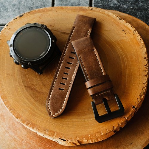 RuslieStraps Crazy Horse White Stitching Cowhide Leather Garmin Watch Band