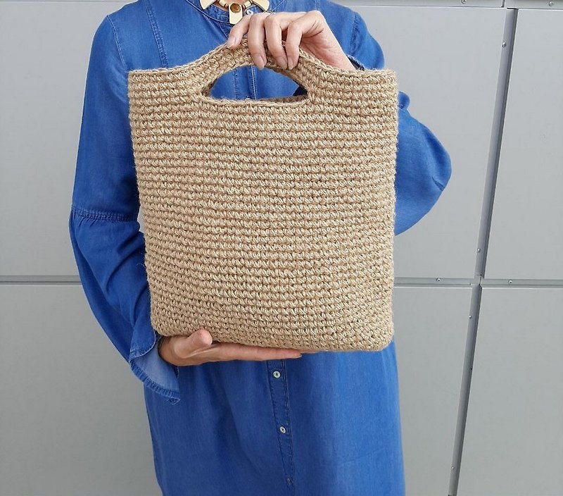 Crochet jute tote bag Beach Shopping bag Eco- friendly vegan gift - 手袋/手提袋 - 棉．麻 卡其色