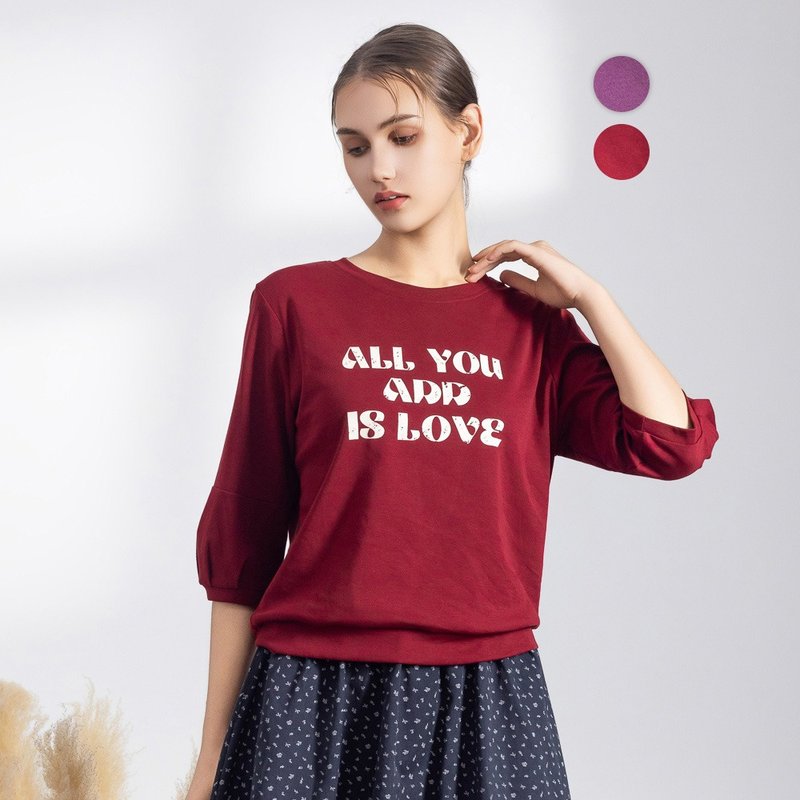 【ICare】字母印花泡泡袖七分袖T恤 - 2色(F) | 女T恤 女休閒上衣 - 女 T 恤 - 棉．麻 紅色