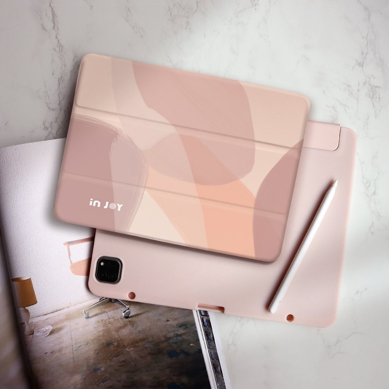 【タブレットケース】フレンチロマンティック幾何学カラーブロック ペンスロット付き iPadケース 磁気保護ケース - タブレット・PCケース - その他の素材 ピンク
