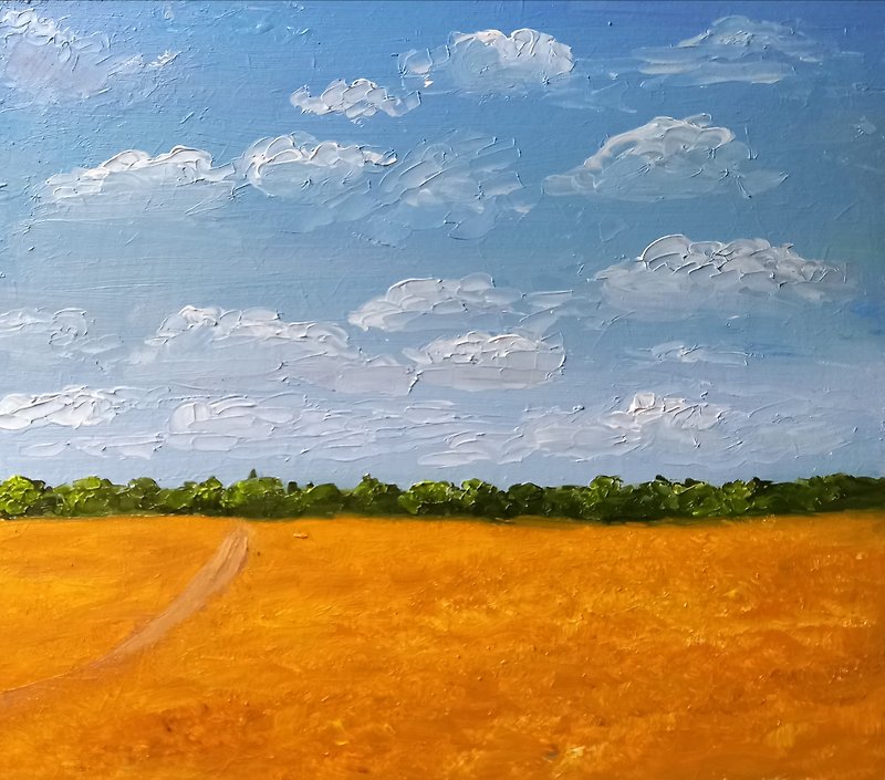 牧草地の絵画風景オリジナルの油絵田舎の油絵フィールド - ウォールデコ・壁紙 - 木製 イエロー