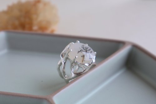 S-JEWELRY首飾店 原創手工 990銀鑲嵌海洋玉髓純銀指環鏤空寬面開口戒指
