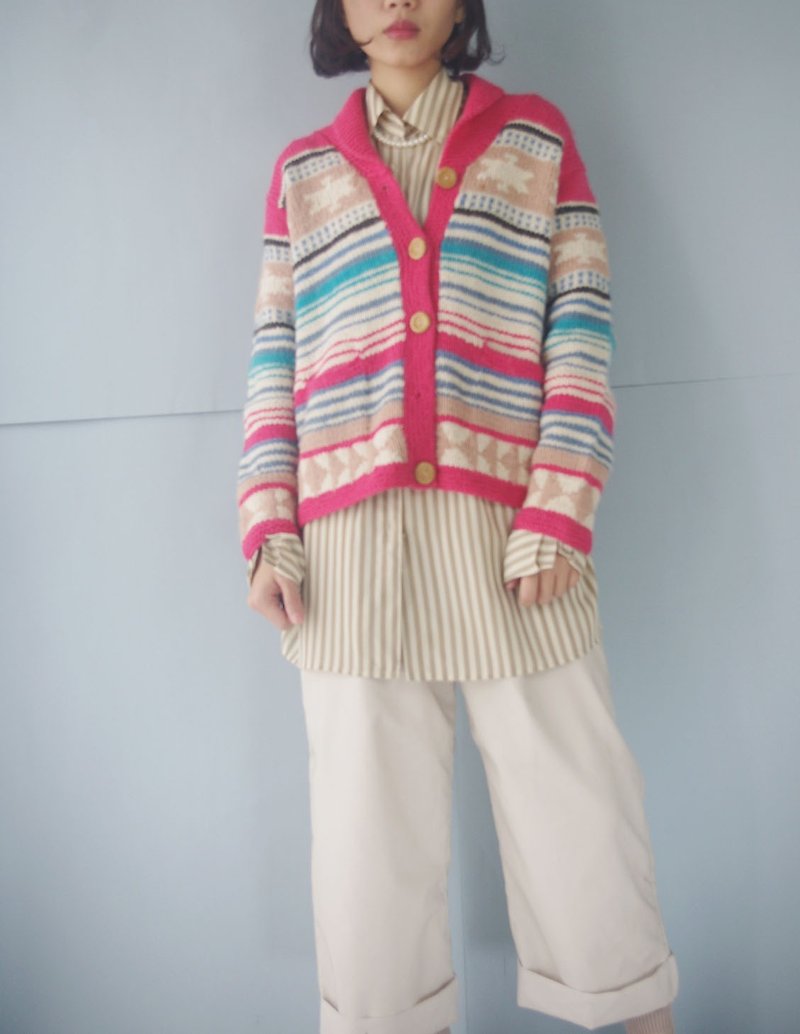 トレジャーヴィンテージ - 鮮やかなカラフルなピンクのジャカードニットジャケットのラペル - ニット・セーター - ウール 多色