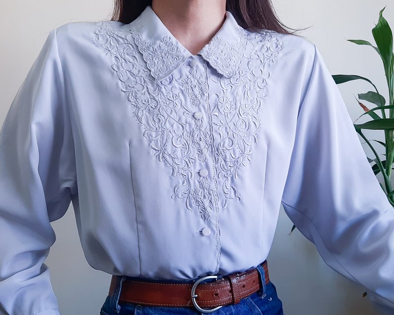 Vintage 70s 80s Hand Embroidered Blouse Antique Handmade Embroidered Grey Shirt - Women's Shirts - Polyester Gray