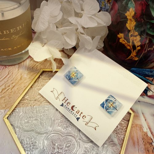 Hecate 手繪 手繪飾品-花磚系列-藍釉黃蕊-復古文青手作耳釘耳夾耳環