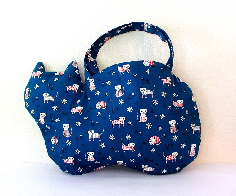 New cat bag Big cat blue - กระเป๋าถือ - ผ้าฝ้าย/ผ้าลินิน สีน้ำเงิน