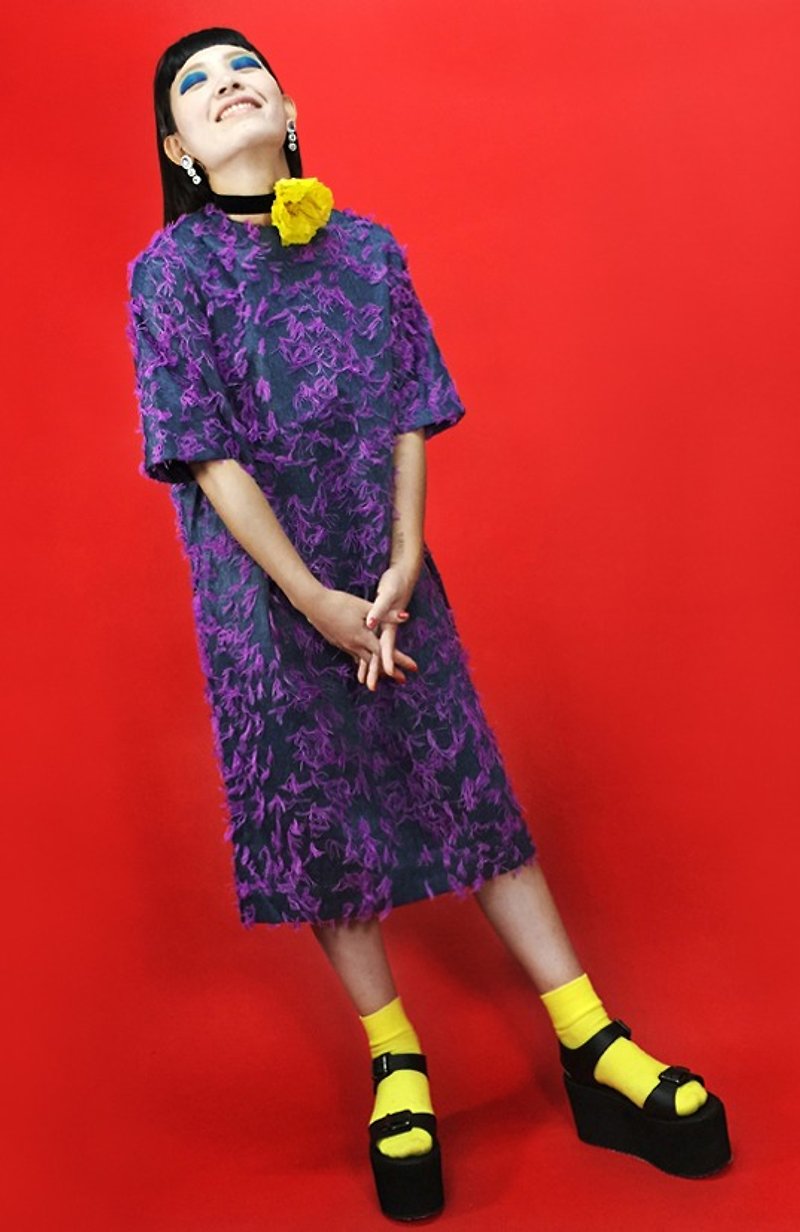 ARTERY 紫色毛毛牛仔洋裝 - 洋裝/連身裙 - 棉．麻 紫色