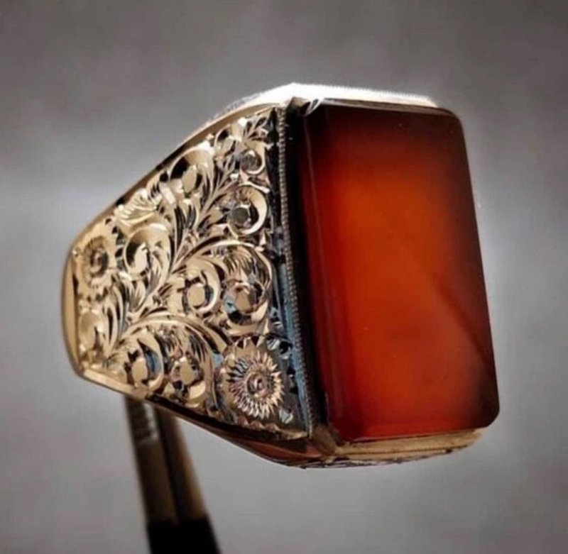 Natural Mens Red Yemen Agate Ring Red Carnelian Ring For Men Silver 925 Handmade - 戒指 - 寶石 紅色