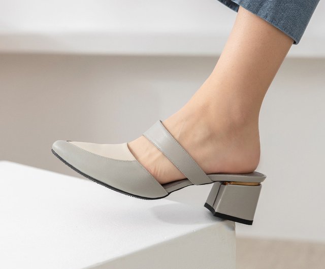 Emily Slanted Strap Mules - Gray and White - Shop Bubble nara